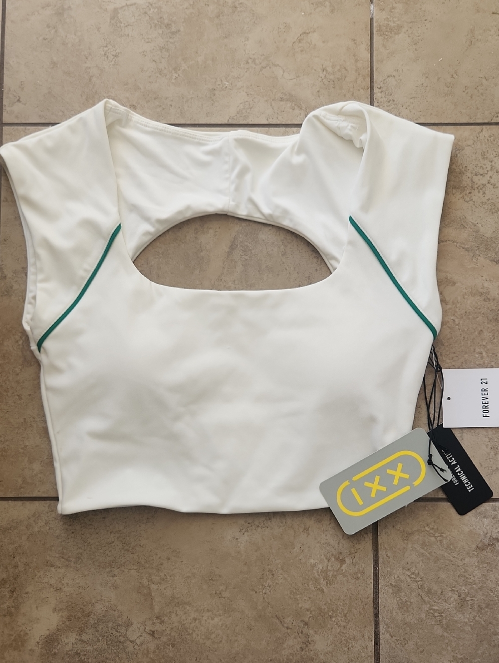 Forever 21 White Cutout Crop Top with Green Piping
